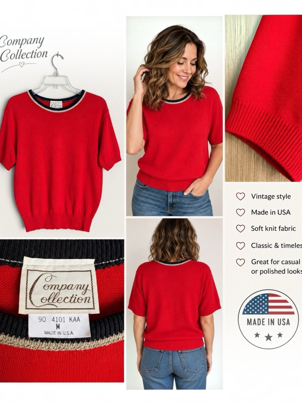 Vintage Company Collection Red Short Sleeve Sweater M Made in USA